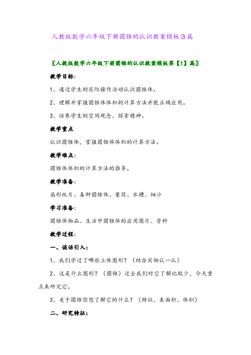 2024年人教版数学六年级下册圆锥的认识教案模板3篇