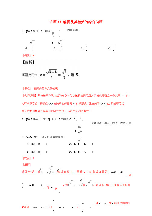 三年高考2015_2017高考数学试题分项版解析专题14椭圆及其相关的综合问题文2017110113