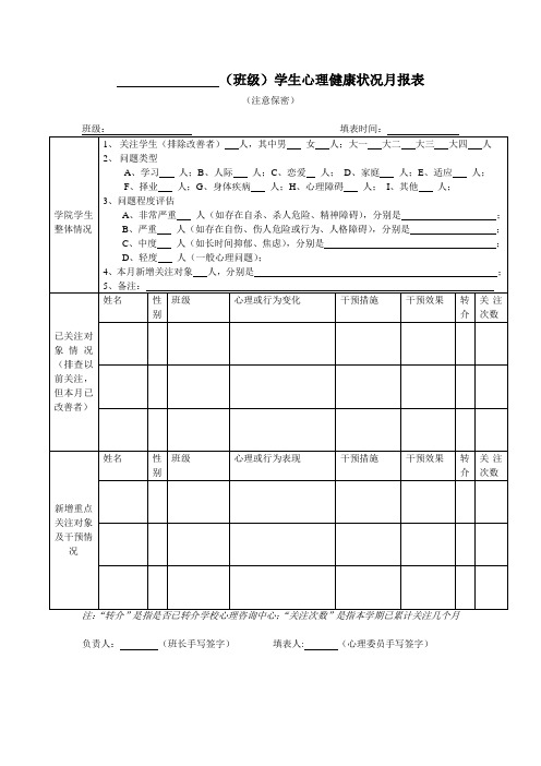 班级学生心理健康状况月报表(新表)