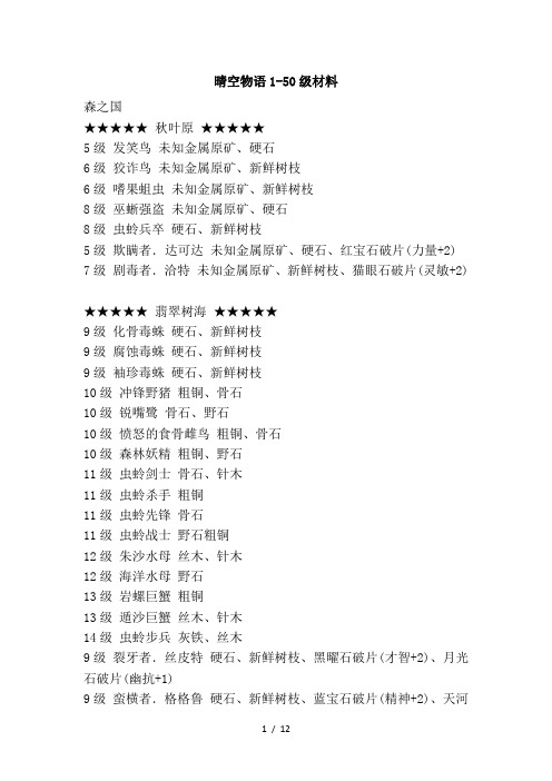 晴空物语1-50级材料