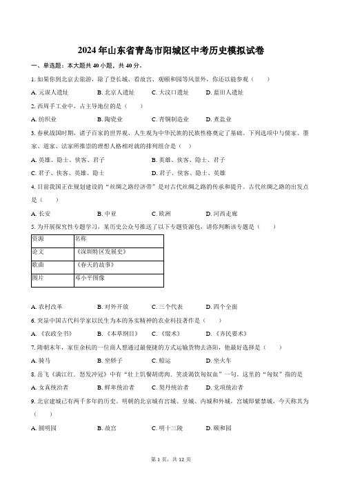 2024年山东省青岛市阳城区中考历史模拟试卷(含答案)