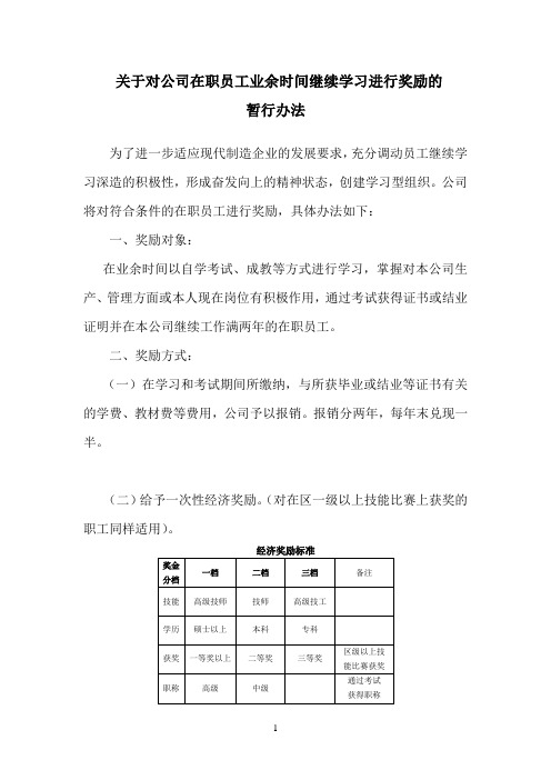 关于公司在职职工在业余时间深造学习的奖励办法