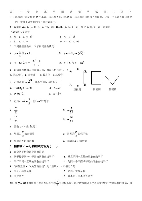 2016年高中学业水平测试数学试卷(包含答案-让你百分百过)