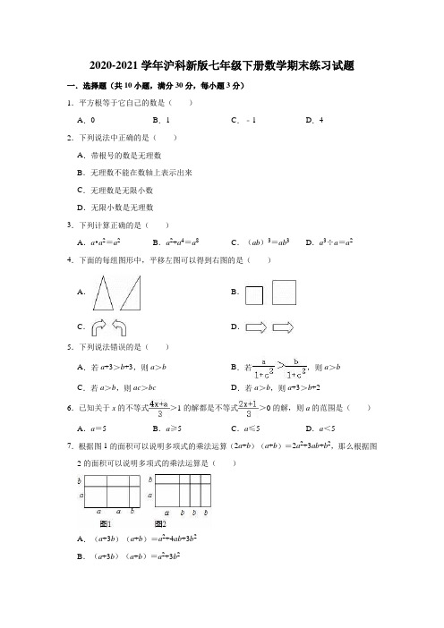 2020-2021学年沪科新版七年级下册数学期末练习试题 