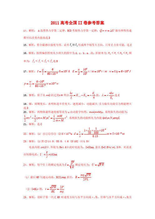 2011全国高考物理(II卷)参考答案