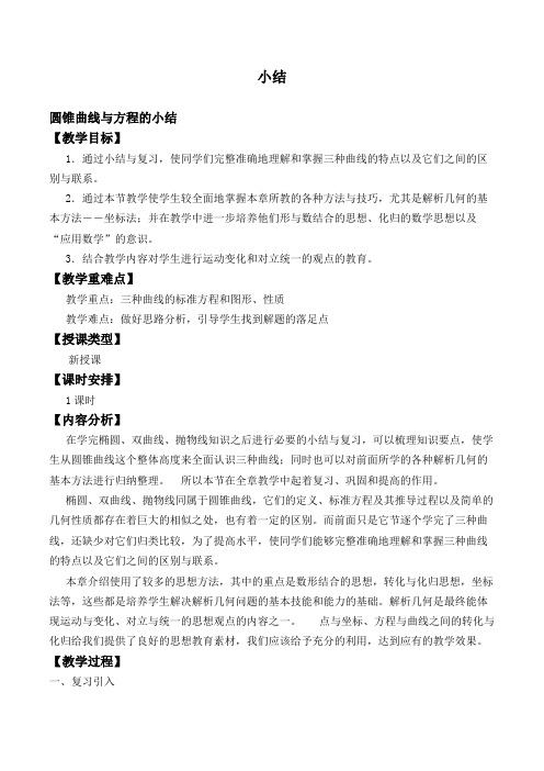 圆锥曲线与方程的小结 优秀教学设计