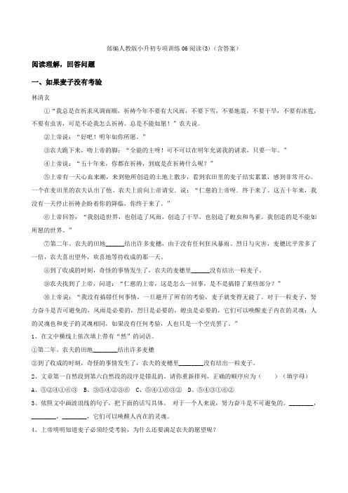 2020部编人教版小升初专项训练06阅读(3)(含答案)