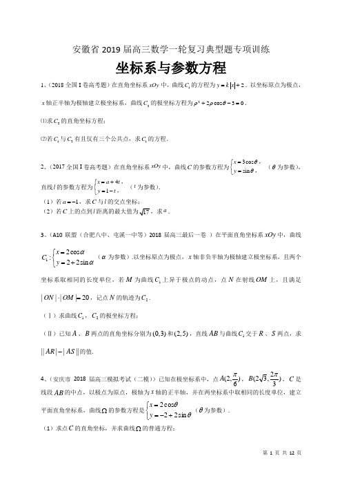 安徽省2019届高三数学理一轮复习典型题专项训练：坐标系与参数方程(附答案)