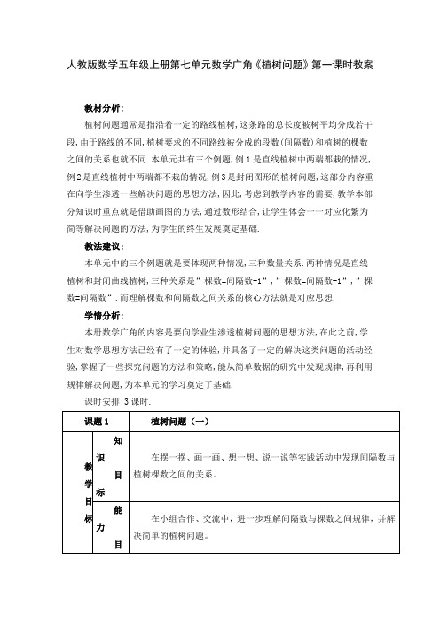 人教版数学五年级上册第七单元数学广角《植树问题》第一课时教案