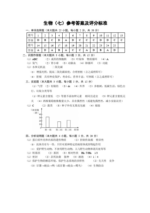 2020年生物模拟试卷七 答案