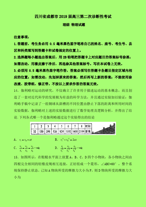 2019-2020年成都市二诊：四川省成都市2019届高三第二次诊断理综物理试题-含答案