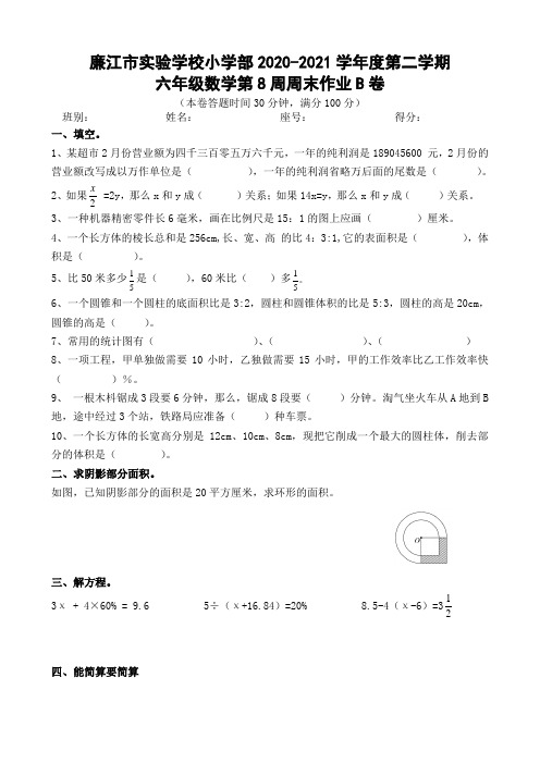 广东省廉江市实验学校六年级下学期数学第8周末作业