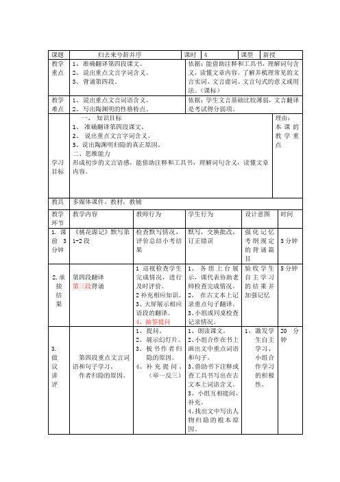 2017-2018学年人教版必修五 归去来兮辞 并序(第四课时) 教案