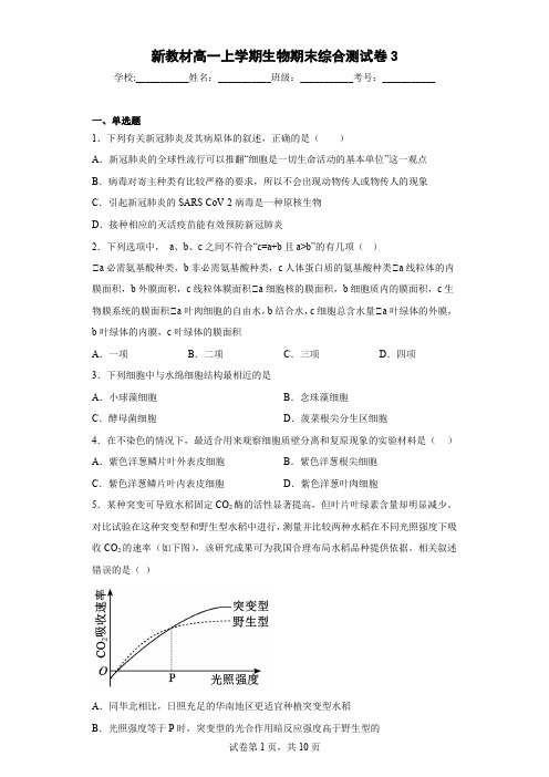 新教材高一上学期生物期末综合测试卷3