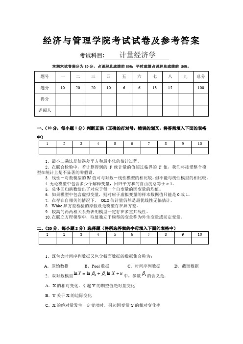 经济与管理学院《计量经济学》试卷及参考答案