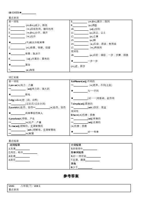 8B UNIT8(牛津译林 8B Units 1-8 重点词汇, 词汇拓展,短语,答案)