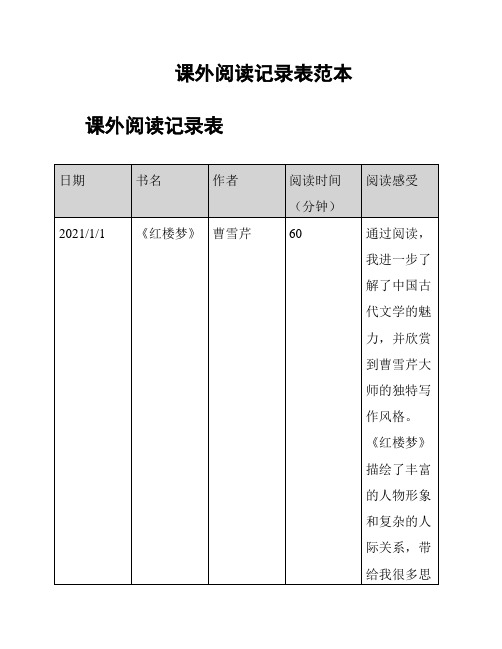 课外阅读记录表范本