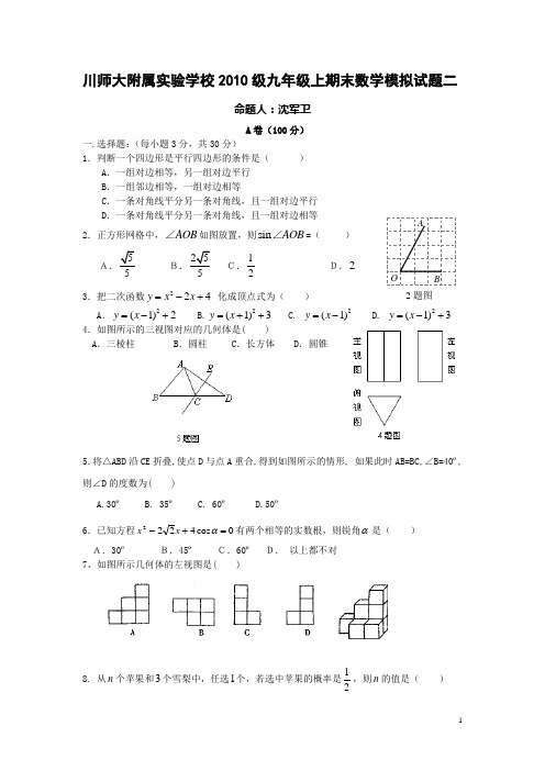 川师大附属实验学校2010级九年级上期末数学模拟试题2