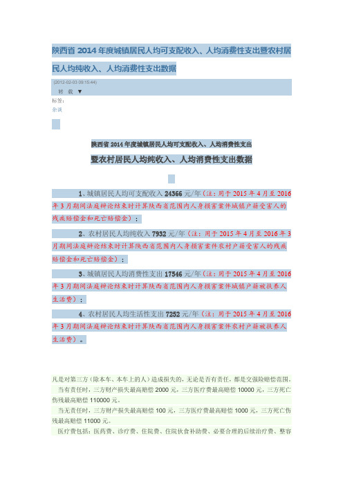 陕西省2014年度城镇居民人均可支配收入、人均消费性支出