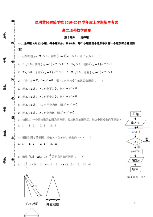 云南省昆明市黄冈实验学校高二数学上学期期中试题理