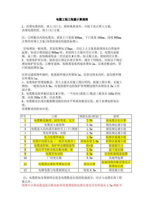 电缆工程工程量计算规则