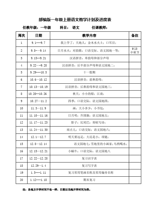 部编版一年级上册语文教学计划及进度表