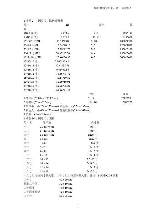 1寸至24寸照片尺寸比例对照表