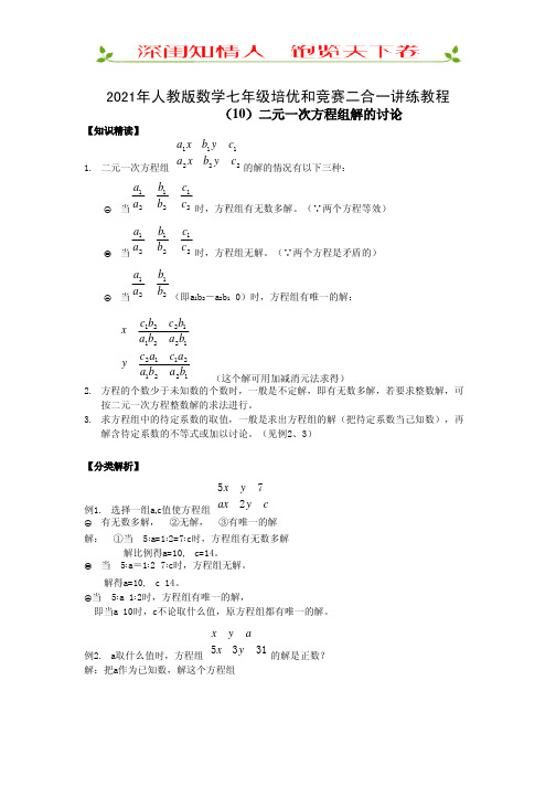 人教版数学七年级培优竞赛讲练教程(10)二元一次方程组解的讨论