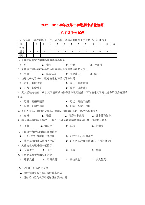 山东省淄博市临淄区八年级生物下学期期中试题