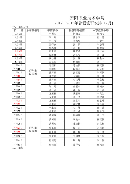 2013年暑假值班表(7月8月)-7月份值班表