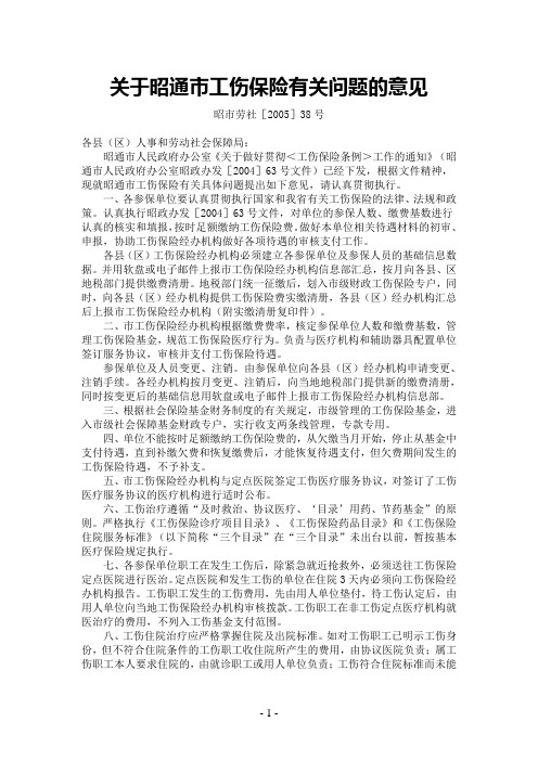 关于昭通市工伤保险有关问题的意见 (昭市劳社[2005]38号)