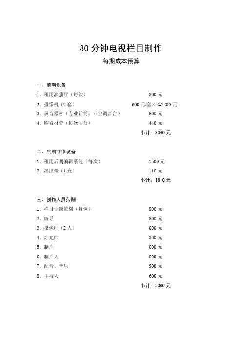 30分钟电视栏目制作每期成本预算