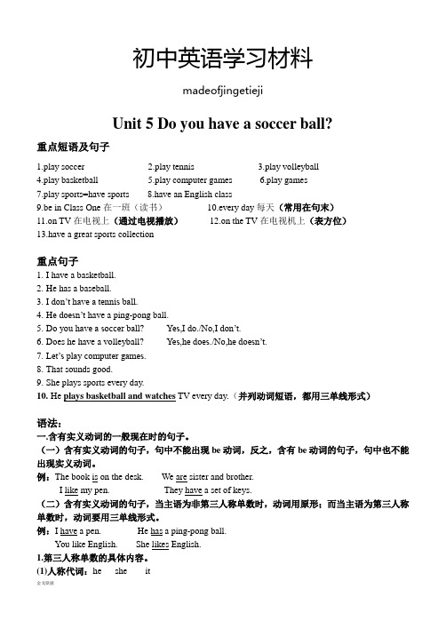 人教版七年级上册英语Unit 5 Do you have a soccer ball