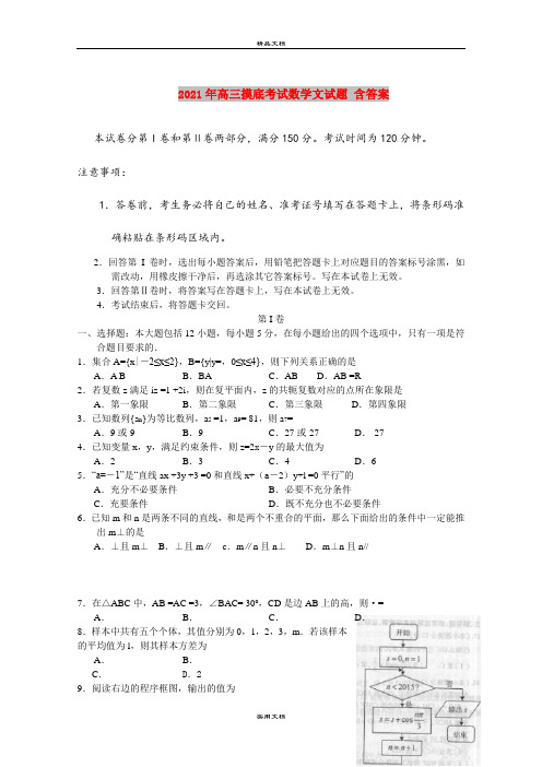 2021年高三摸底考试数学文试题 含答案