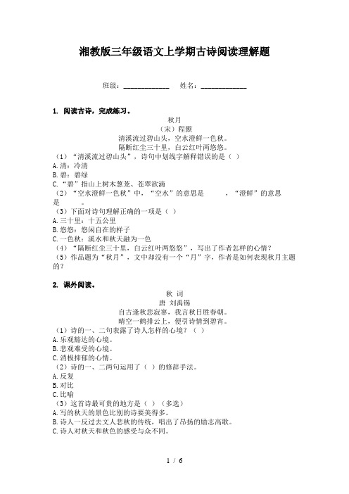湘教版三年级语文上学期古诗阅读理解题