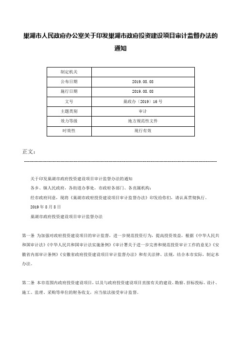 巢湖市人民政府办公室关于印发巢湖市政府投资建设项目审计监督办法的通知-巢政办〔2019〕16号