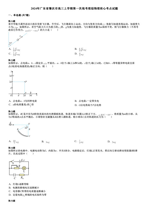 2024年广东省肇庆市高三上学期第一次统考理综物理核心考点试题