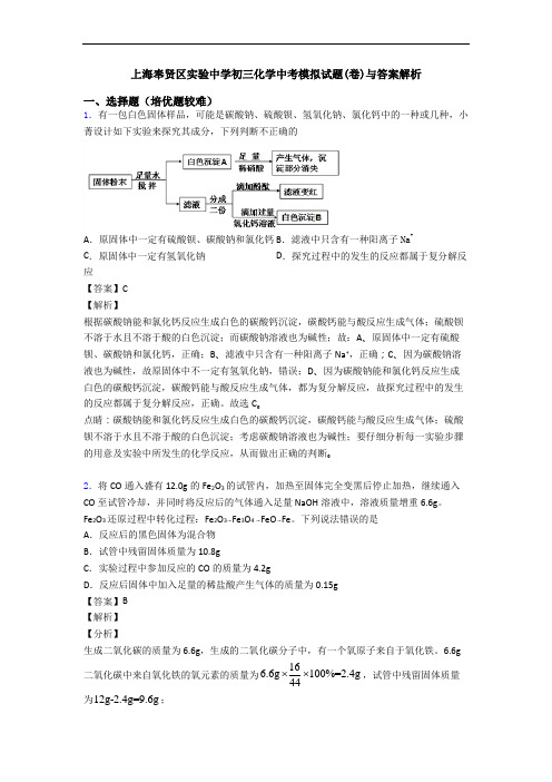 上海奉贤区实验中学初三化学中考模拟试题(卷)与答案解析