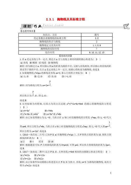 2018_2019学年高中数学第二章圆锥曲线与方程2.3抛物线2.3.1抛物线及其标准方程课时作业新人教A版选修1_1