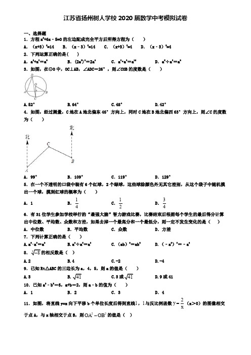 江苏省扬州树人学校2020届数学中考模拟试卷
