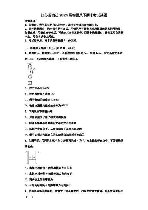 江苏省宿迁2024届物理八下期末考试试题含解析