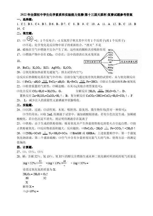 2022年全国初中学生化学素质和实验能力竞赛(第十三届天原杯)复赛模拟试题参考答案