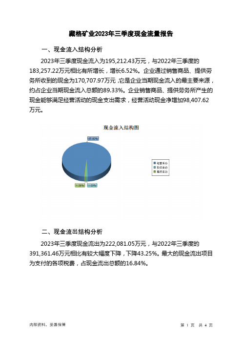 000408藏格矿业2023年三季度现金流量报告