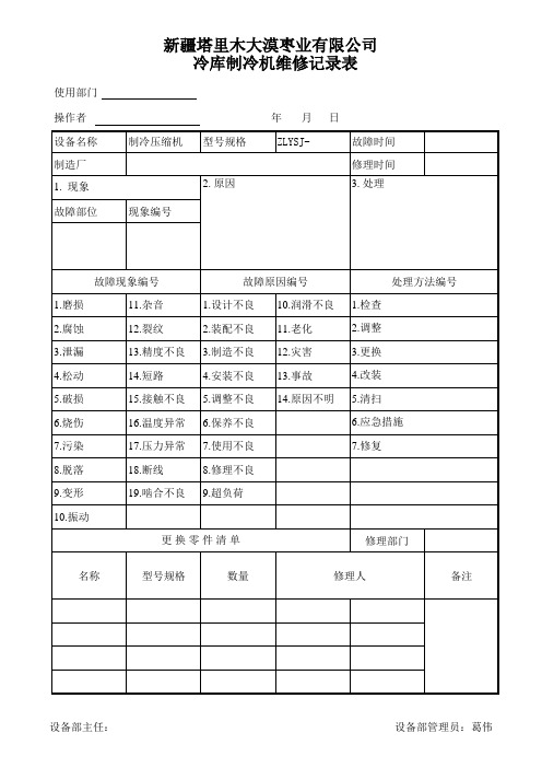 冷库制冷机组维修记录表