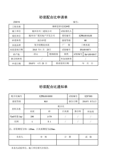 表D2-6 砂浆配合比申请单