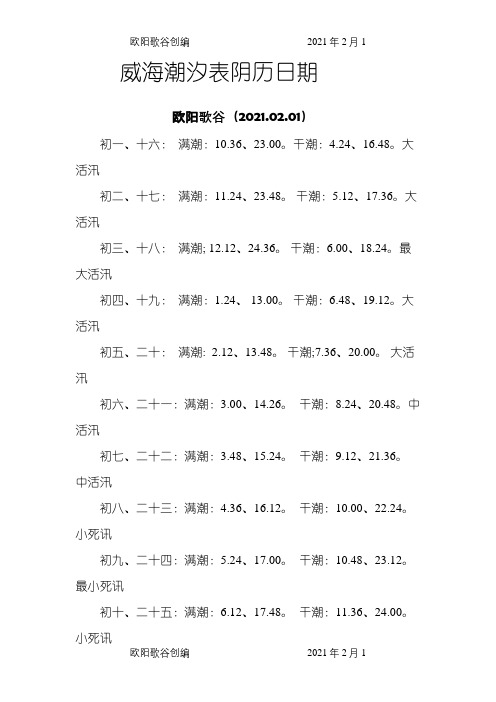 威海潮汐表之欧阳歌谷创编