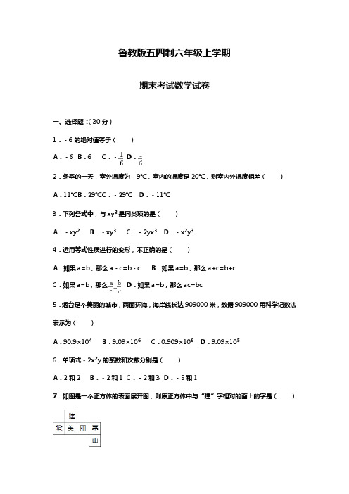 新鲁教版五四制六年级数学上学期期末模拟试题及答案解析.docx