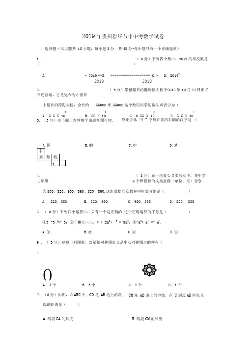 贵州省毕节市2019年中考数学真题试题和答案解析