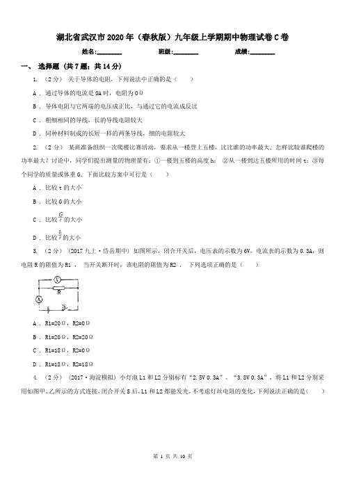 湖北省武汉市2020年(春秋版)九年级上学期期中物理试卷C卷