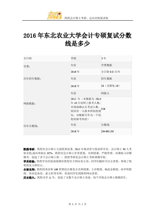 2016年东北农业大学会计专硕复试分数线是多少